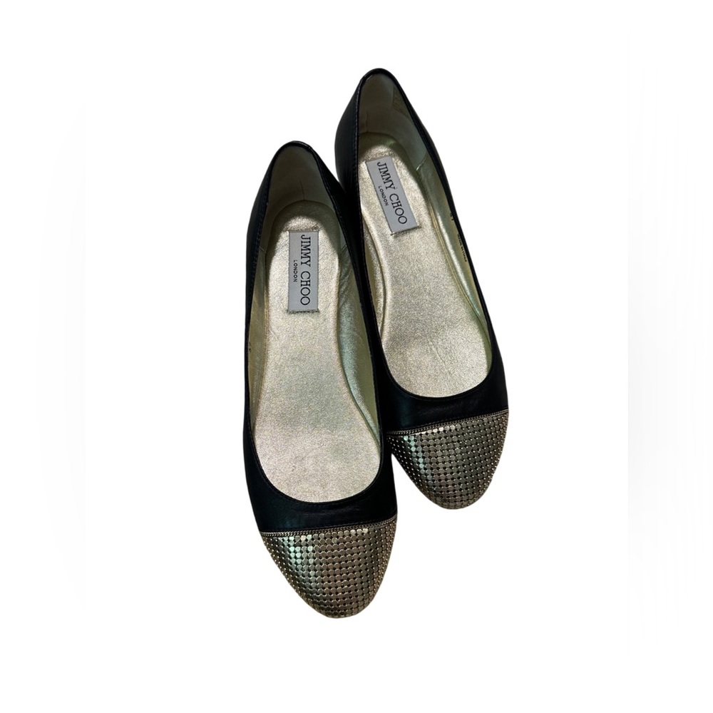 Jimmy Choo New Black with Gold Cap Toe Flats